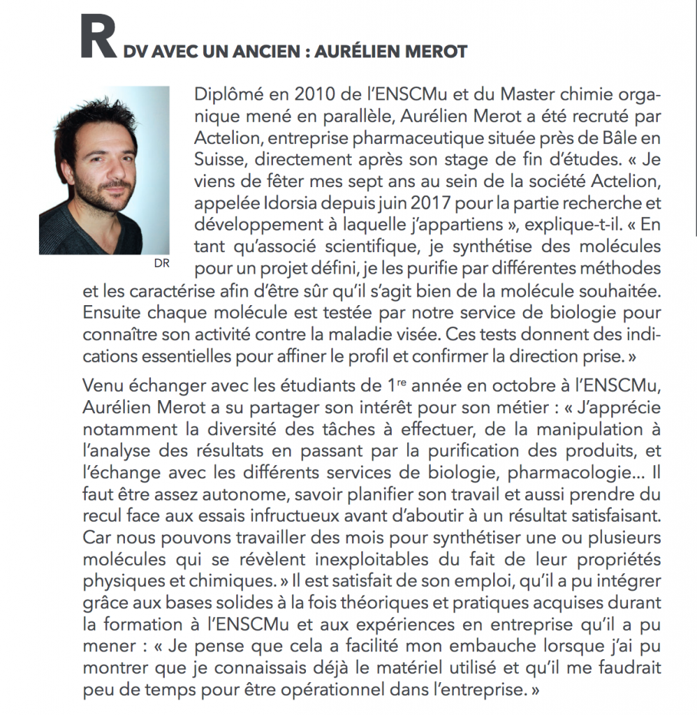 Aurélien Mérot, diplômé de l’ENSCMu en 2010, entreprise IDORSIA